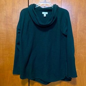 Green Calvin Klein cowl turtleneck sweater.